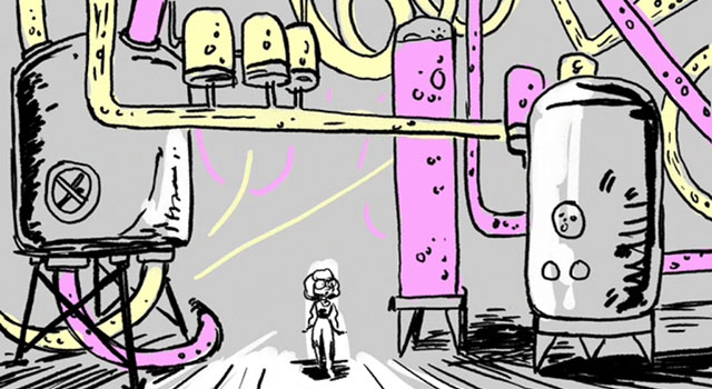 Sketch of the woman character in Chipotle's A Love Story walking through her juice factory. Flavorlab Producer's Toolbox provided music supervision and music licensing for the animated short.