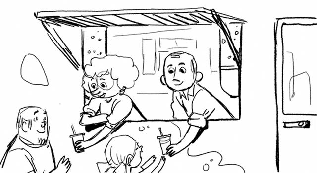 Sketch of characters in Chipotle's short film, A Love Story, handing out juices. Flavorlab provided music supervision for the project.