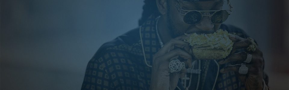 Still of 2 Chainz eating a donut leafed with gold. Flavorlab Score's Dennis Dembeck composed the theme music for the show and Flavorlab Sound provides sound design and mix for the series.