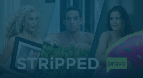 Still of three contestants covering their naked bodies with random objects on Bravo's Stripped. Producer's Toolbox provided blanket music licensing for the series.