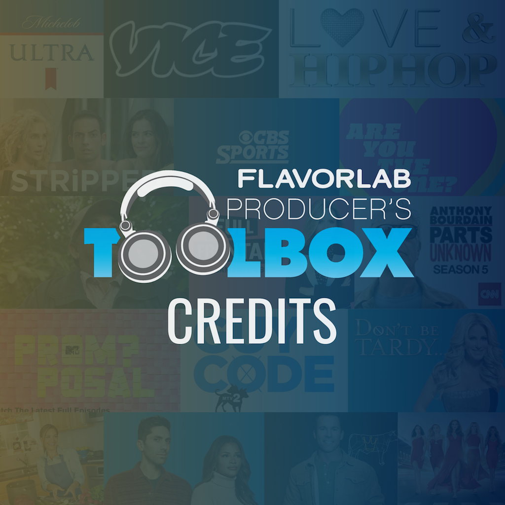 Logo for Flavorlab's Producer's Toolbox over a background of various shows and brands the music licensing company has worked with. This page details which brands and show the music licensing library has worked with.