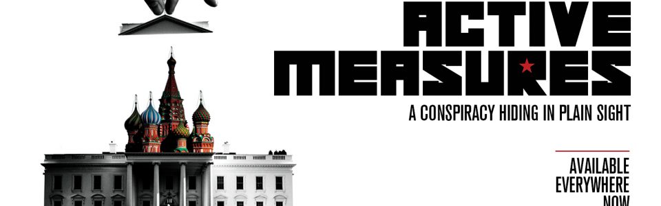 Banner from documentary Active Measures. A hand reaches down and pulls the top of the White House to reveal the Russian Red Square. Flavorlab Sound provided mix for the film.