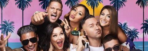 The cast of Jersey Shore family vacation posing in front of a fake beach backdrop with pink sky and palm trees