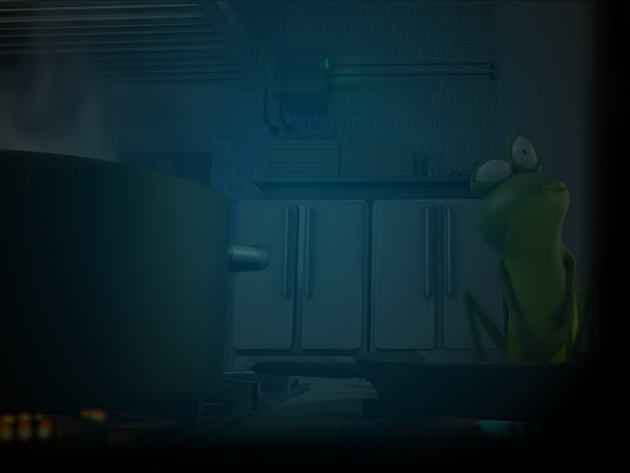 Shot of frog realizing the hot pan he's sitting in is burning him in animated short, Frog Legs.