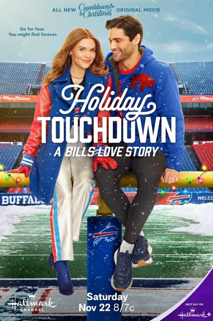 Hallmark movie poster Holiday Touchdown, couple in stadium.